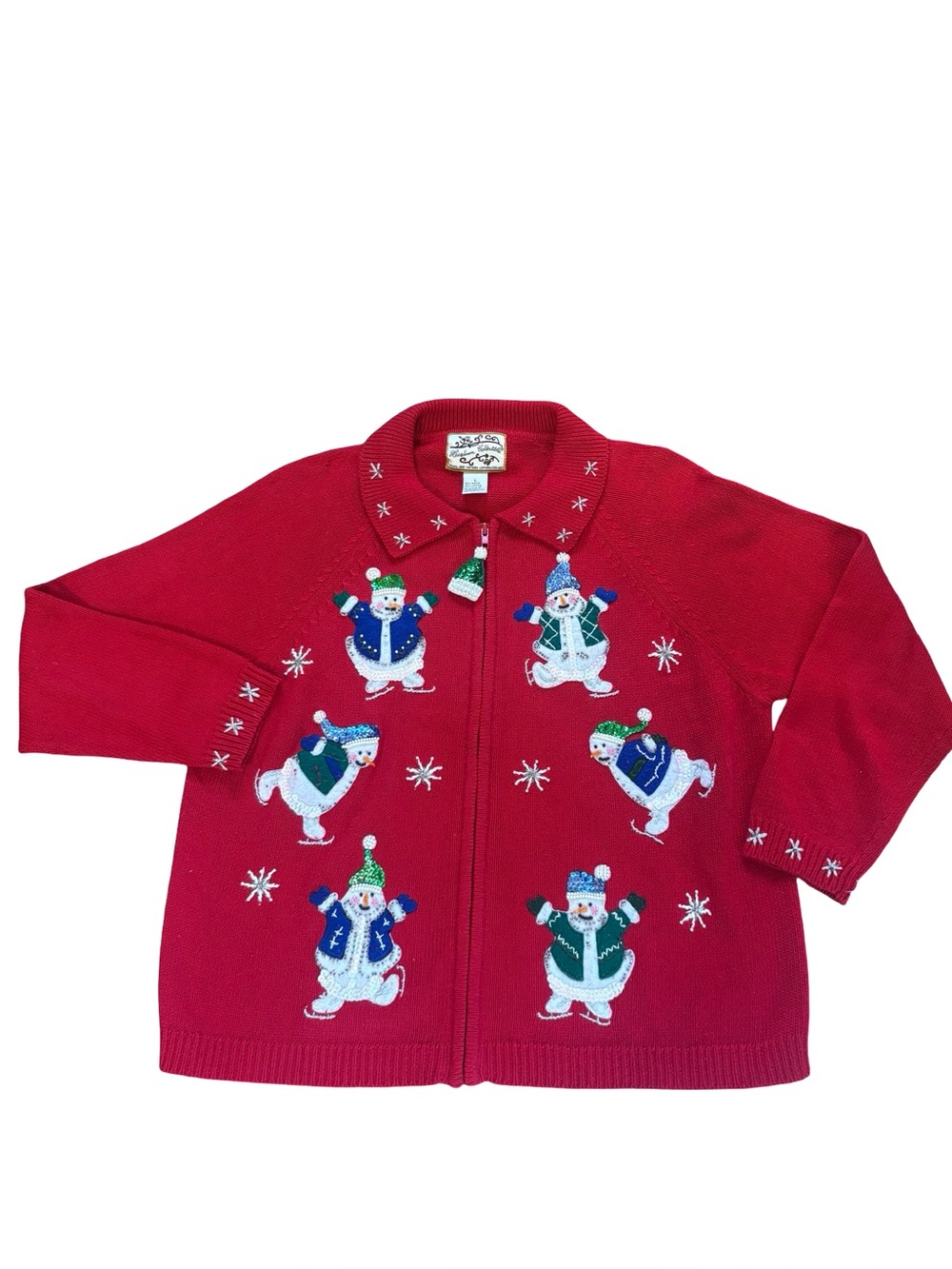 Heirloom Collectibles Embroidered Snowman Zip Up Cardigan Sweater Womens Large